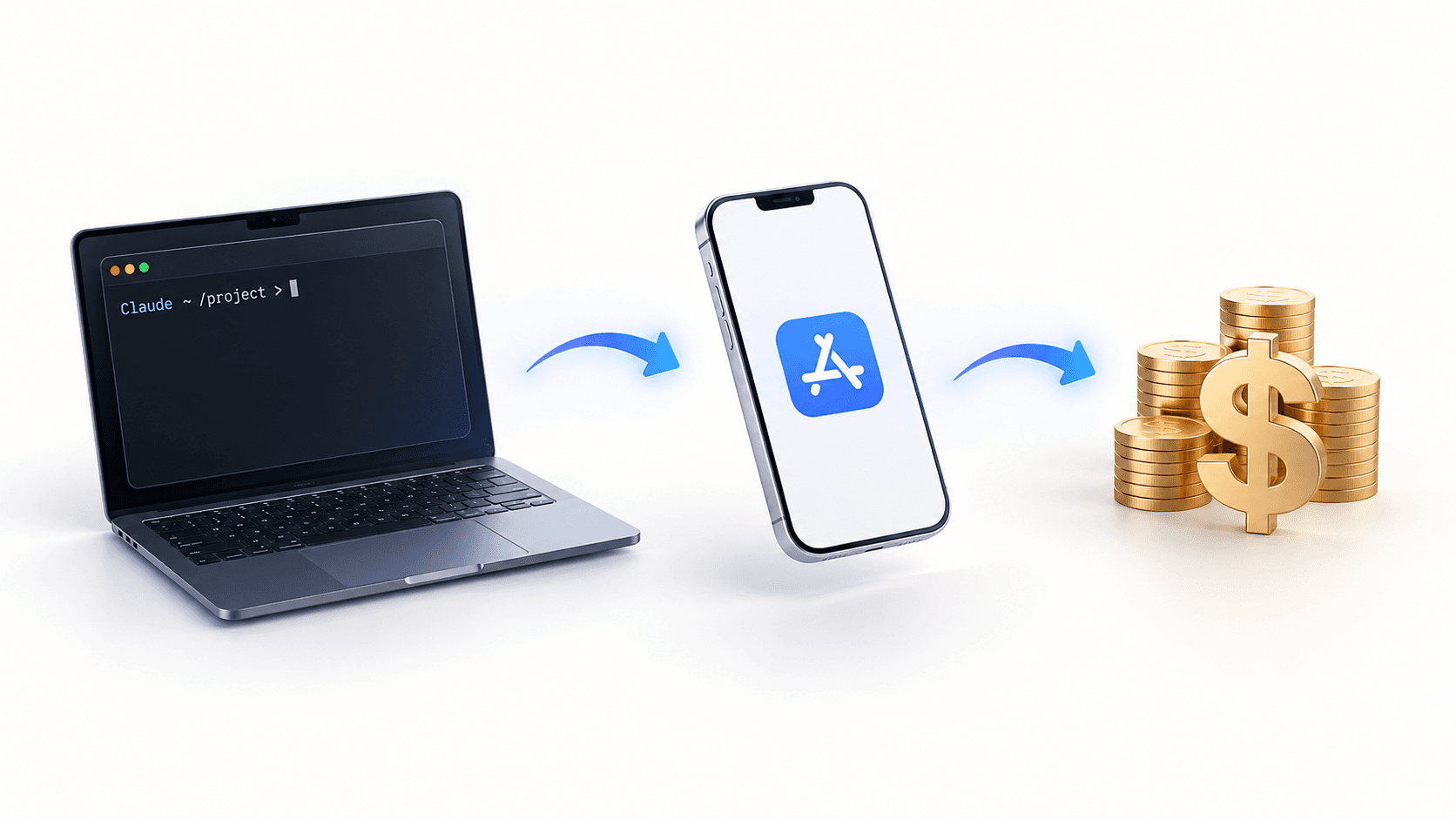 Illustration : un terminal Claude Code qui donne vie à une app iOS, publiée sur l'App Store et générant des revenus.