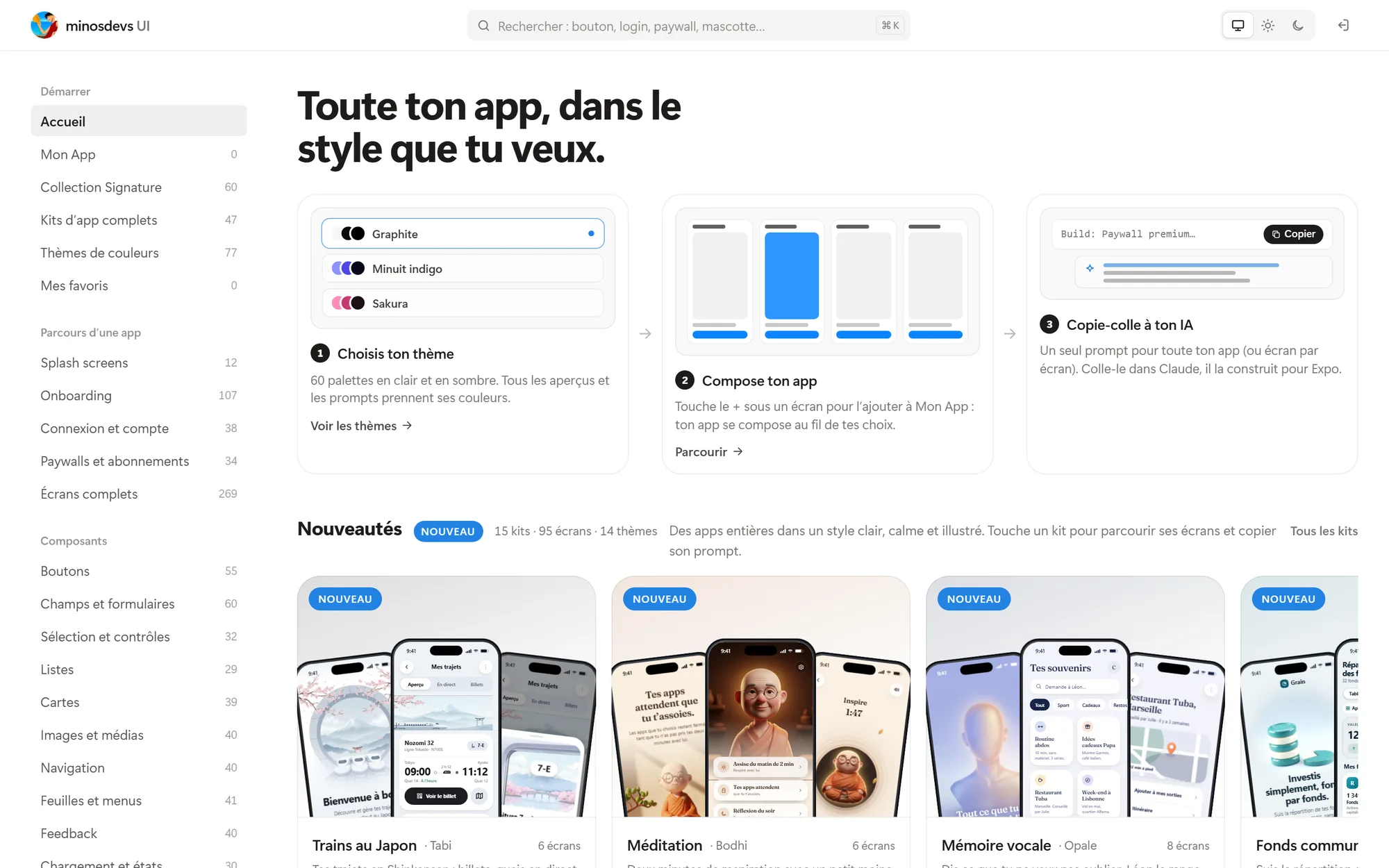 Capture de minosdevs UI : la bibliothèque de composants et d'écrans iOS avec le choix du thème.